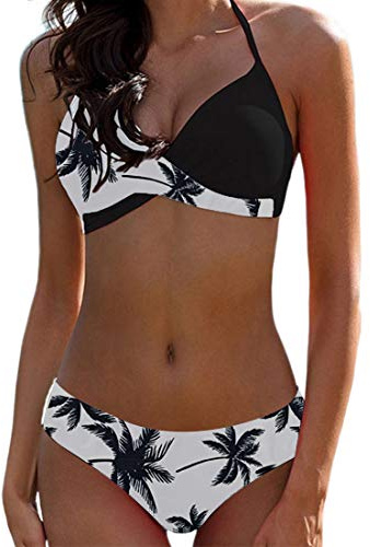 JFAN Bikini Elegante Traje de Baño Conjunto Bañador Halter Sexy Sólido para Mujer Ropa de Playa Traje de Baño Bikini Sets Talla Grande (Hojas Negras,L)