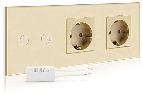 BSEED Interruptor regulador de luz con enchufe doble,2 Gang 1 Vía LED Dimmer Switch con Schuko Enchufe,16A 250V Enchufe de pared,Interruptor de luz con pantalla táctil Oro(Adaptador Led requerido)