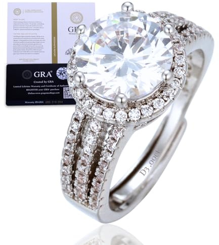 Halukakah Bague pour Femme Moissanite D3,0 ct en Argent 925 Plaqué Platine avec Certificat,Sertie Griffes Ensemble Nuptial Diamant de Laboratoire en Ronde Halo,pour Fiançaille,Mariage,Taille Ajustable