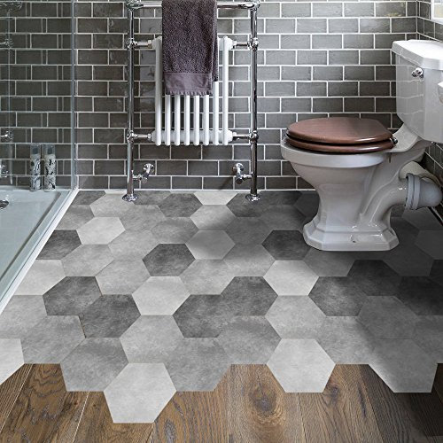 Vinyl Tiles Floor Sticker- Waterproof Anti-Slip Hexagon Living Room Kitchen Bathroom Floor Tiles stciker, Peel and Stick Self- Adhesive, 7.87 X 9.05 X 10 Pcs Set, Black and White and Gray