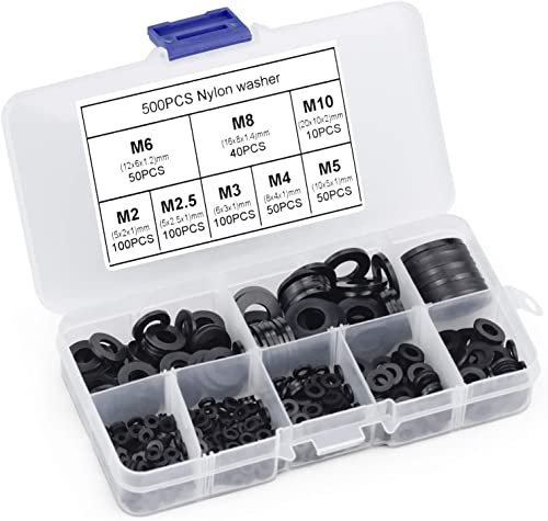 Moguxb Arandelas de Nailon Negro 500 Piezas Arandelas Planas M2 M2.5 M3 M4 M5 M6 M8 M10 Arandela de Plástico para Fontanería, Grifo, Reparación Mecánica