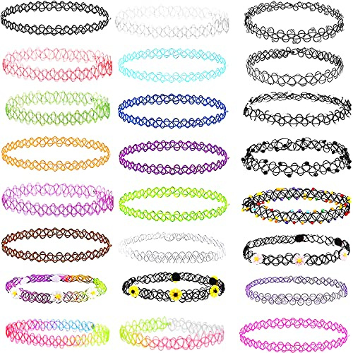 Choker Halsband Kette Tattoo Halskette für Frauen Mädchen 24 Stück Joker Kette Elastische Tattookette Choker Halsketten Set Bunte Tattoo Armband für Frauen Mädchen Teen Kinder Geschenk