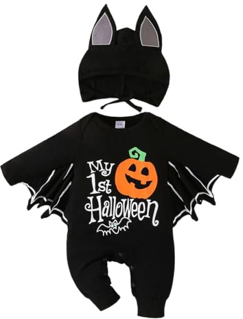 PythJooh Baby Boy Girl My 1st Halloween Outfits Unisex Baby One-piece Long Sleeve Bat Romper Jumpsuit with Hat Clothing Set for 0-18Months