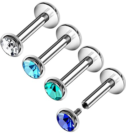 KJM FASHION 4 Stk Chirurgenstahl Innengewinde Monroe Labret 1.2mm 16gauge 6 mm 1/4 3mm Kristallkugel Lip Ohrringe Piercing Schmuck 8482