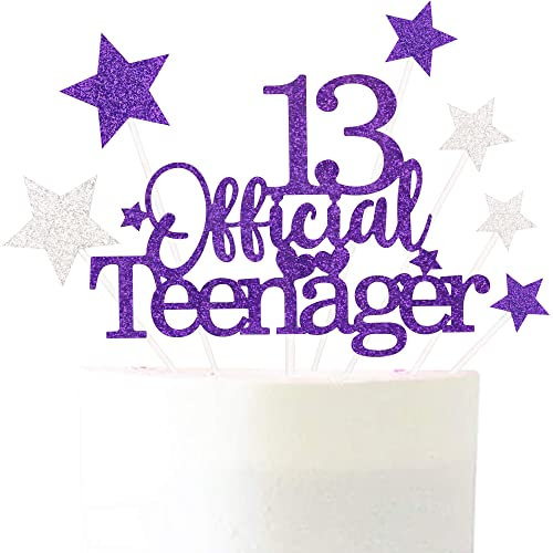 Glittery 13 Ofiicial Teenager Cake Topper with Star,13th Happy Birthday Cake Topper Party Decorations Party Supplies for Boys Girls Purple Silver