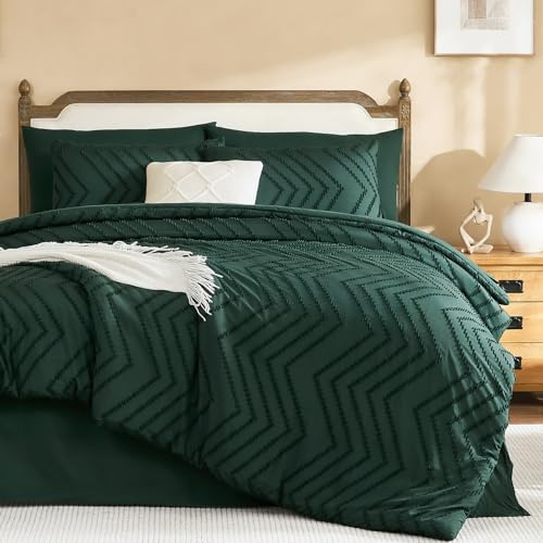 Litanika King Size täcke set med lakan mörk smaragdgrön – 7 delar säng i en väska, king boho tofsade, kompletta sängkläder med täcke, lakan, örngott och örngott