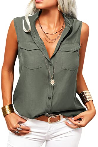 GeGekoko Damblus V-ringad, vardaglig, snygg, ärmlös blus, blus med knappar, Army Green., M