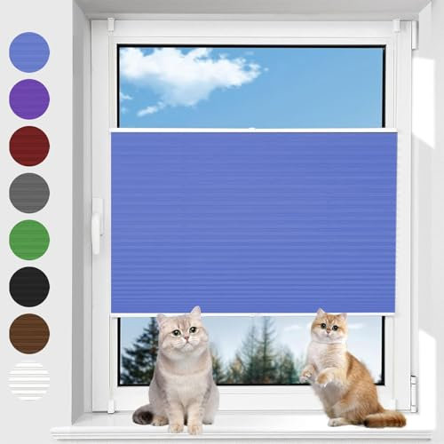 Faltrollo Ohne Bohren 100 x 150 cm Blickdicht Sichtschutz Sonnenschutz Plissee Klemmfix Rollo Einfache Montage mit Klemmträger für Fenster & Balkontür, Blau