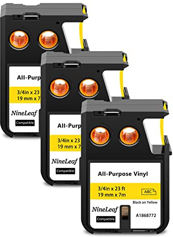 NineLeaf 3 Packung Ersatz für Dymo 1868772 A1868772 19mm x 7m 0.7'' 3/4 Zoll Schwarz auf Gelb Bänder Allzweck Vinyl Industrie Schriftband für Rhino XTL-300 XTL-500 Beschriftungsgerät