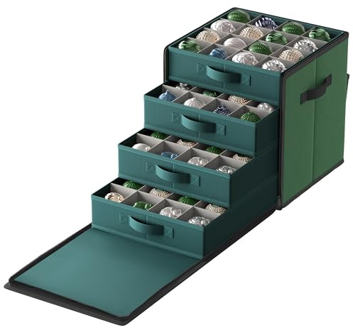 SONGMICS Christmas Decoration Storage Box, with Side Open, Stackable Christmas Storage Container with Lid, 4 Drawer Trays, 600D Oxford, 7.6 cm 64 Slots, Forest Green RFB037C01