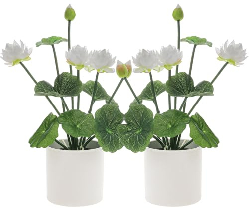 Quancru 2 Piezas Flor de Loto Artificial Planta en Maceta Simulación Real Lirio de Agua Decoración DIY Hogar Oficina Boda Fiesta Mesa - Blanco