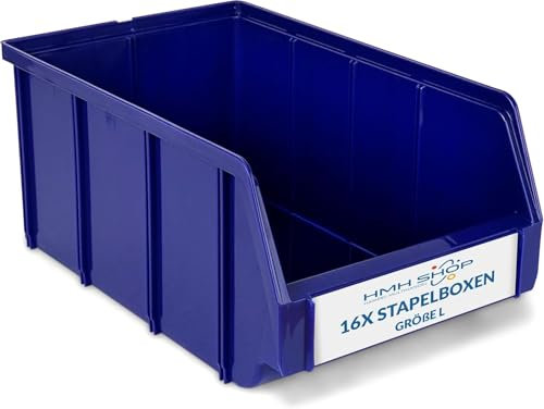 HMH 16x Stapelboxen Größe L Werkstatt Garage Keller Sichtlagerboxen 335x209x152mm Lagerboxen BLAU Sichtlagerkästen Kleinteile Aufbewahrung