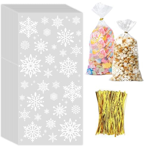 100 Stück Plätzchentüten Weihnachten, Schneeflocke Süßigkeiten Tüten, Kekstüten Transparent, Cellophantüten Weihnachten mit 150er Twist Krawatten für Plätzchen Bonbon Süßigkeiten