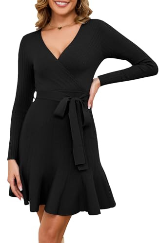 Arach&Cloz Jumper Dress for Women UK V Neck Winter Knitted Wrap Dress Long Sleeve Casual Party Dress with Belt