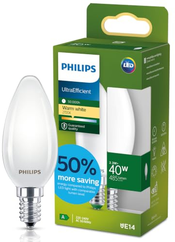Philips Classic Ultra-efficient LED Bulb with Energy Efficiency Class A, E14 Base, Replaces 40W, Frosted, Warm White Light, Candle Shape, Pack of 1