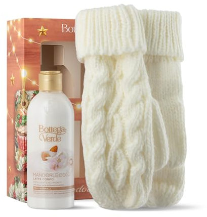 Bottega Verde - Mandorle Dolci, Confezione Regalo con Latte Corpo 250 ml Nutriente e Emolliente con Olio di Mandorle Dolci e Muffole Tricot Calde, in un Elegante Cofanetto, Idea Regalo