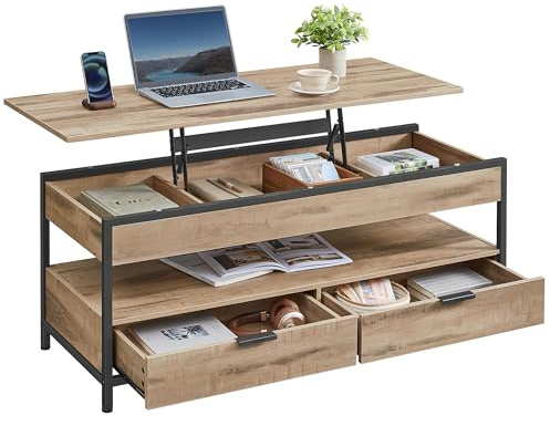 VASAGLE Table Basse, Table de Salon avec Plateau Relevable, Tiroirs de Rangement, avec Rangement Ouvert et Compartiment Caché, 50 x 120 cm, Marron Camel et Noir d’Encre LCT252K02