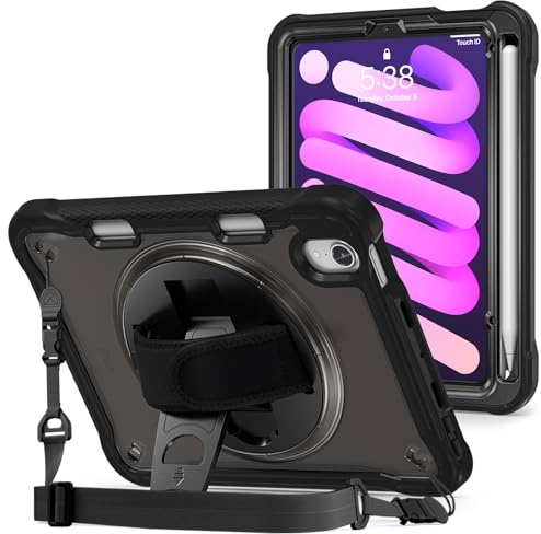 ProCase Rugged Case for iPad Mini 7th(A17 Pro) 2024 / 6th Generation 8.3 2021, Heavy Duty Shockproof Rugged Cover with Hand Strap 360 Degree Rotatable Kickstand Protective for iPad Mini 8.3 -Black