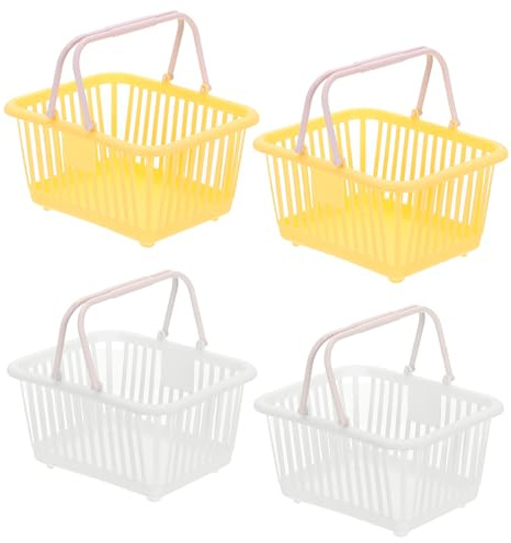 PATIKIL 4PCS Mini Shopping Basket, Small Plastic Basket Mini Storage Basket Grocery Tiny with Handles Organizer Filtered Water for Organizing Toys Eggs Fruits Snacks, White/Yellow