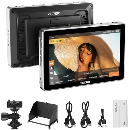 VILTROX 7 Inch Camera Field Monitor,Touchscreen Kit monitor esterno della fotocamera con batteria, ingresso/uscita HDMI 4K su monitor fotocamera con 3D LUT RGB forma d'onda Cappuccio parasole (DC-L1)