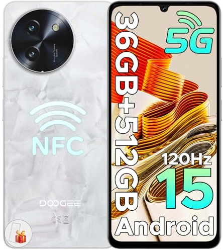 DOOGEE NOTE59PRO+ 5G Telefono Movil Android 15, 36GB RAM+512GB ROM 2TB Ampliable Smartphone 5G, 6,75 HD+120Hz, Octa Core Moviles 6250mAh 50MP+8MP Cámara Widevine L1, OTG/GPS/Face ID/Huella/NFC-Blanco