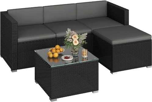 Yaheetech Set Mobili da Giardino 5 Pezzi in Rattan PE, 2 Divani Angolari, Divano Poggiapiedi con Cuscini e Tavolo Laterale per Patio Balcone e Terrazza Nero/Grigio