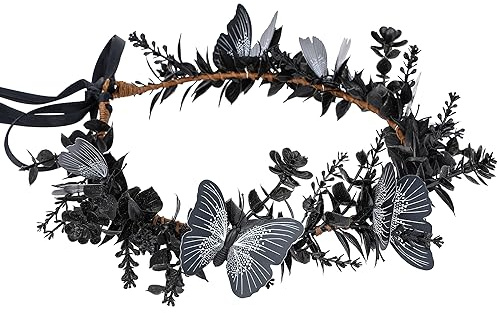 MOSTORY Schwarze Blumenkrone für Damen, Gothic-Blumen-Kreis, Kopfschmuck mit Schmetterling, für Renaissance-Halloween-Fotoshootings