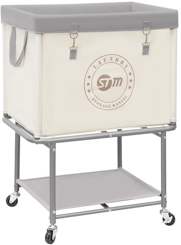 STORAGE MANIAC Rolling Laundry Cart with Storage Shelf, Heavy Duty Industrial Laundry Basket with Wheels, Commercial Metal Frame Clothes Hamper with Canvas Bag for Dorm, Closet, Bedroom, Beige