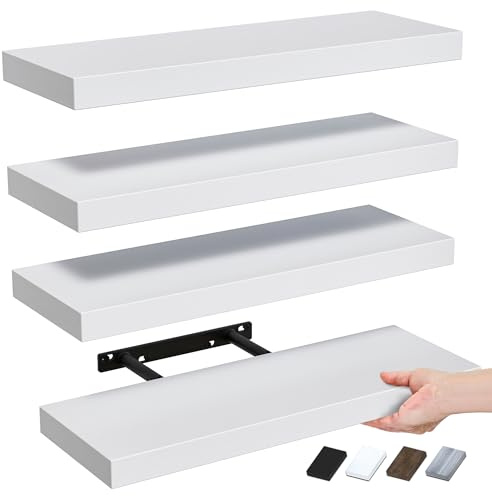 RICHER HOUSE Wandregal Weiß, 40 cm Wandboard, 4er Set Schweberegal aus MDF Holz, Regal Wand DVD Hängeregal Deko-Holzregale für Küchenregal, Schlafzimmer, Büro, Wohnzimmer, Badezimer