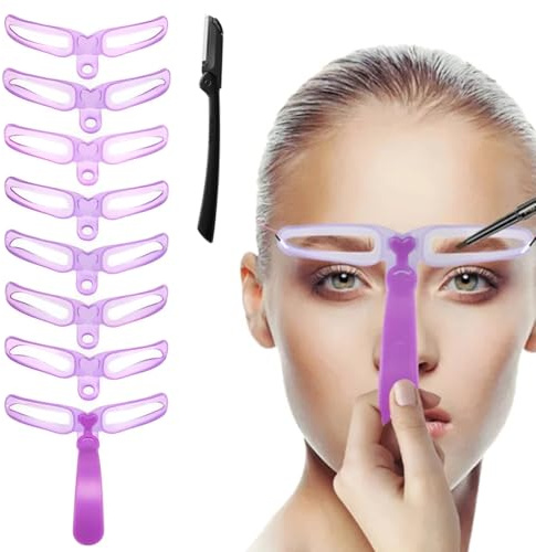 GXGM 8 Stück Augenbrauen Schablonen für frauen, Augenbrauen Stencil Kit mit 1 Augenbrauenrasierer, Hände frei Schablonen für symmetrische Augenbrauen, Wiederverwendbar (Lila)