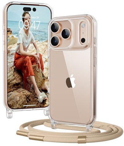 OLEPHY Handykette für iPhone 17 Pro Hülle mit Band, Golden | Necklace Handyhülle, Transparente Schutzhülle zum Umhängen [Verstellbarem und Demontage Umhängeband],