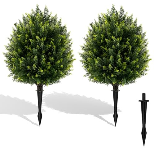 COSTWAY Ensemble de 2 Boules d'Arbres Topiaires Artificiels en Cyprès de 61 CM, Faux Arbustes en Cèdre avec Pique au Sol, Plantes Artificielles pour Décoration Intérieure et Extérieure