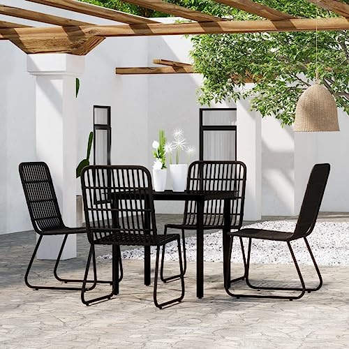 Qnhdfrt Garten Essgruppe Schwarz 80 x 80 cm Outdoor Esstisch mit 4 Stühlen PE Rattan und Stahl Gestell Sitzgruppe für Terrasse Balkon Garten