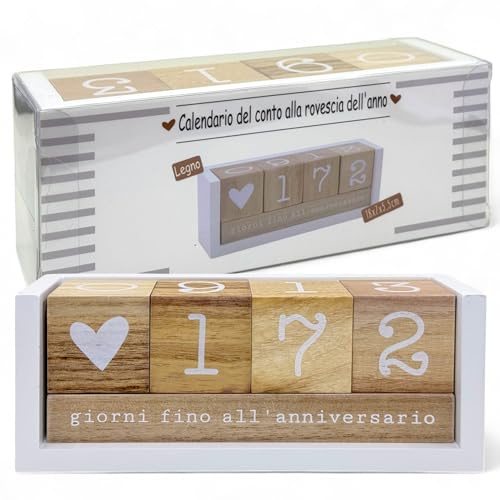 MIJOMA Jahres Countdown Kalender aus Holz – Dauer-Tischkalender mit Deko-Würfeln – bis 432 Tage für besondere Anlässe (Weiß/Natur - italienische Edition, ca. 18 × 7 × 5,5 cm)