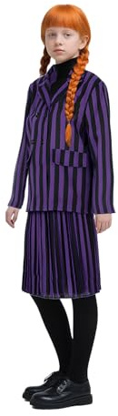 Jackolume Costume Addams Nnevermore pour femmes et filles - Uniforme scolaire rayé violet et gris - Tenue d'Halloween et de costumade - Uniforme gothique académie - Blazer et jupe
