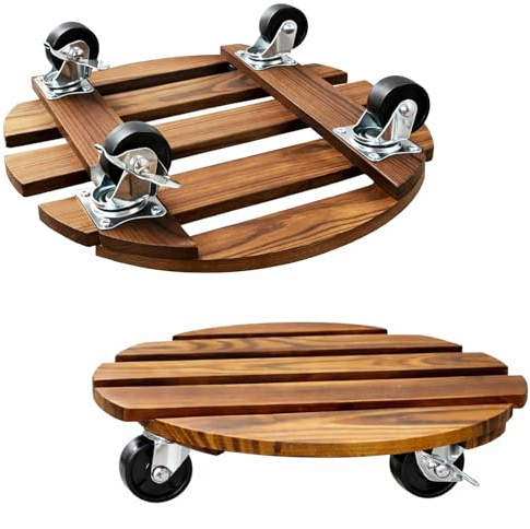 kaiyaya Pflanzenroller,Rund 30cm Holz Rollbrett Pflanzen mit Feststellbaren Rollen,Outdoor Wetterfest Schwerlastbereich Bis 120 KG,Blumenroller für Schwere Blumentöpfe und Pflanzenständer