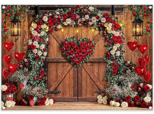 Luminora 2,1x1,5m Fond de Murale Maison en Bois pour la Saint-Valentin, Arche Romantique de Roses Blanches en Forme de cœur, Fond pour Anniversaire, fiançailles, Mariage, fête, Accessoires Photo