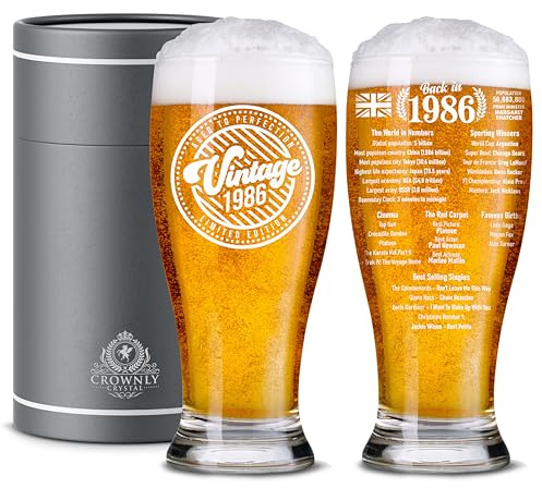 CROWNLY CRYSTAL 40th Birthday Gifts for Men Pint Glass 1986 570 ml Personalised Gifts for Men – Dad Husband Brother Uncle – Gift from Daughter Son Wife