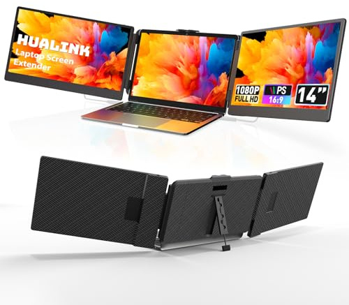 hualink Laptop Screen Extender, 14 FHD 1080P Portable Monitor Triple Screen, Multi Screen Laptop Attachment Compatible with Windows Mac Dex Chrome, Travel Work Fits 13-17 Laptops