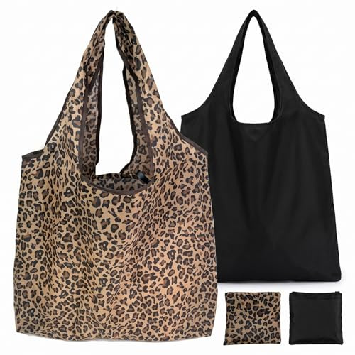 BCHMN 2 Stück Einkaufstasche Faltbar Groß, Wiederverwendbare Einkaufsbeutel in Leopard & Schwarz, Faltbare Tasche Leicht & Stabil für Einkauf, Reise, Strand, Shopping Bag Set, 2er Pack