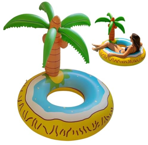 Aufblasbare Insel Mit Palme,Große Wasserinsel Zum Aufblasen Im Palmenfrucht Motiv, Für Gartenpool, See, Freibad, Sommer-Mottoparty Und Kreative Fotoshootings