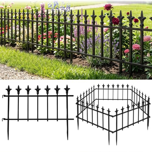 HOMASIS 5/10 Paneele Gartenzaun Metall 56x44cm, ohne Graben, Schwarz (5) | rostfreier Steckzaun, Beetumrandung Metall, flexibler Kleintierzaun für Hunde, eleganter Zierzaun mit Fleur-de-Lis Spitzen