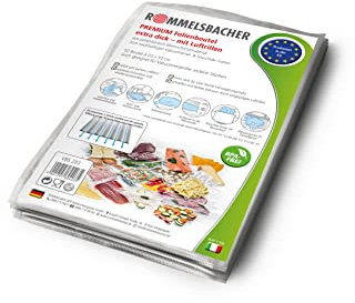ROMMELSBACHER VBS 203 Profi Folienbeutel 20 x 30cm, 50 Stück, BPA-frei, extrem stark & reißfest 210μm, eingeprägte Luftrillen, wiederverwendbar, Sous vide, Made in Europe, für alle Balkenvakuumierer
