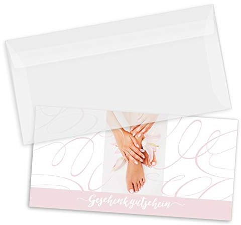 GESCHENKGUTSCHEINcom by POS-HAUER. Gutschein-Set. 100x Gutschein + Kuvert. Für Fußpflegesalon Podologie, blanko zum selber Ausfüllen.