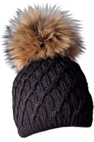MERRYLAND Mütze Echtfellbommel Pudelmütze ECHTFELL Bommelmütze Hat Real Fur Handmade Fellbommel Echt Fell Strickmütze Bommel Pelzbommel Waschbär Raccoon Pelz