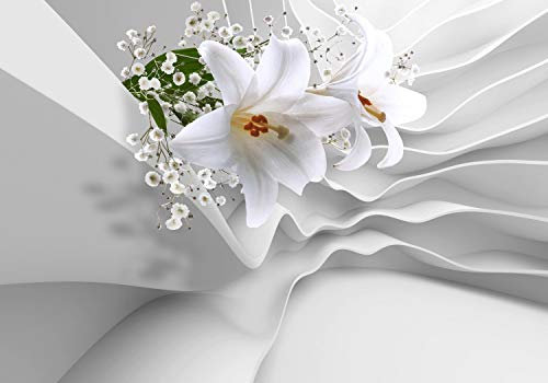 wandmotiv24 Fototapete Lilien 3D-Effekt Abstrakt, XL 350 x 245 cm - 7 Teile, Wanddeko, Wandbild, Wandtapete, Blumen, Welle, Wellness M1267
