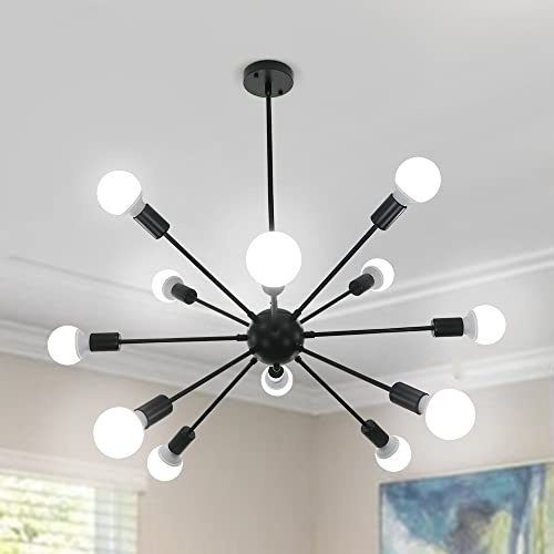 LynPon Sputnik Kronleuchter 12 Flammig, Schwarz Pendelleuchte Retro, Lampe Deckenlampe Vintage Deckenleuchte Nordic für Wohnzimmer, Schlafzimmer, Esszimmer Industriell Landhaus…