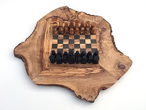 Schachspiel rustikal, Schachbrett Gr. S inkl. Schachfiguren, Olivenholz, Handarbeit