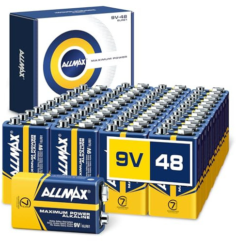 Batterie alcaline 9V Allmax Maximum Power (48 pezzi), durata ultra-lunga, conservazione per 7 anni, tenuta stagna, compatibili con i dispositivi, perfette per rilevatori di fumo e allarmi antincendio