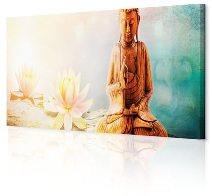 decomonkey Bilder Buddha 120x40 cm 1 Teilig Leinwandbilder Wandbild Zen | Strukturleinwand, Holzkeilrahmen, Bild auf Leinwand, Kunstdruck, Wanddeko, Wohnzimmer, Wanddekoration, Orient, Lilie, Blumen